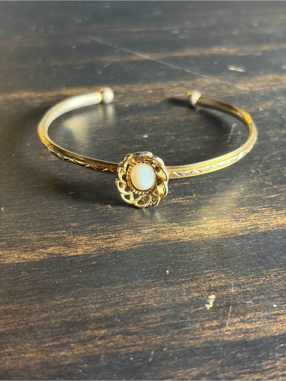Vintage Gold Cuff Bracelet with Opal Center